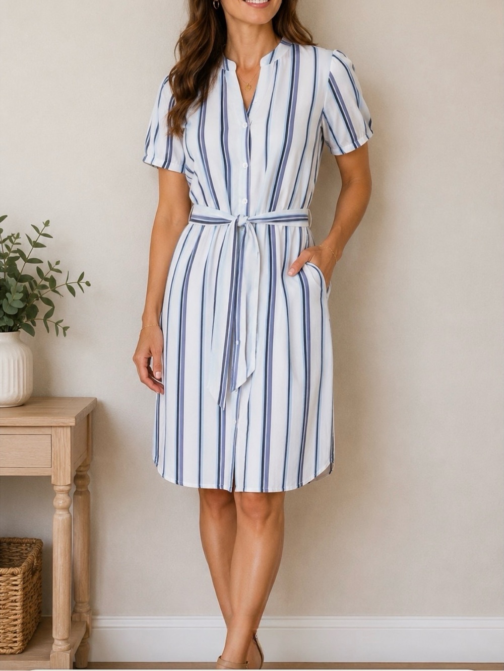 Jamie and Layla Longline Blue Beachy Stripe Button Front Shirt Dress Size Small